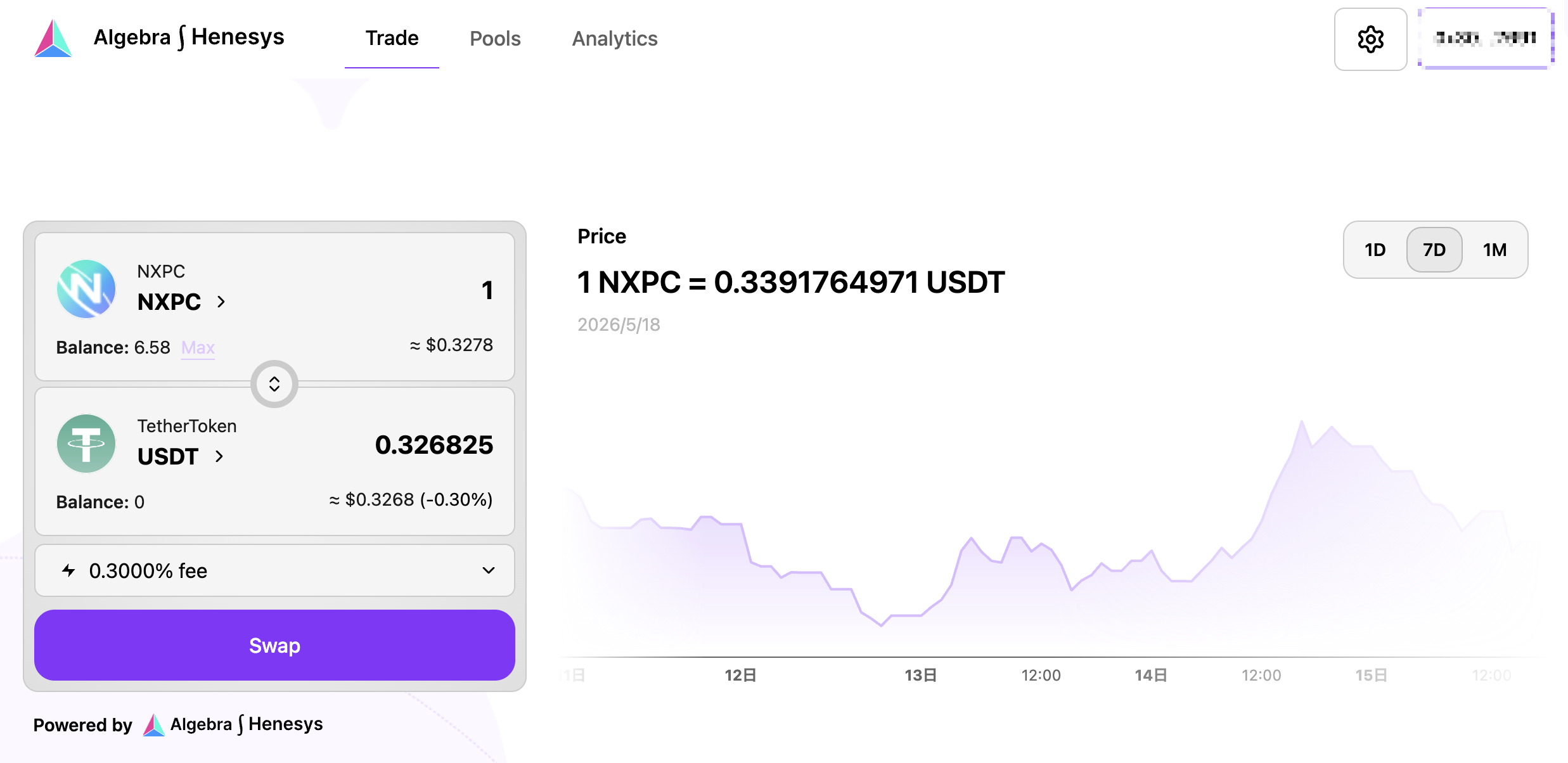 Algebra/Henesys DEX — NXPC/USDT スワップ画面