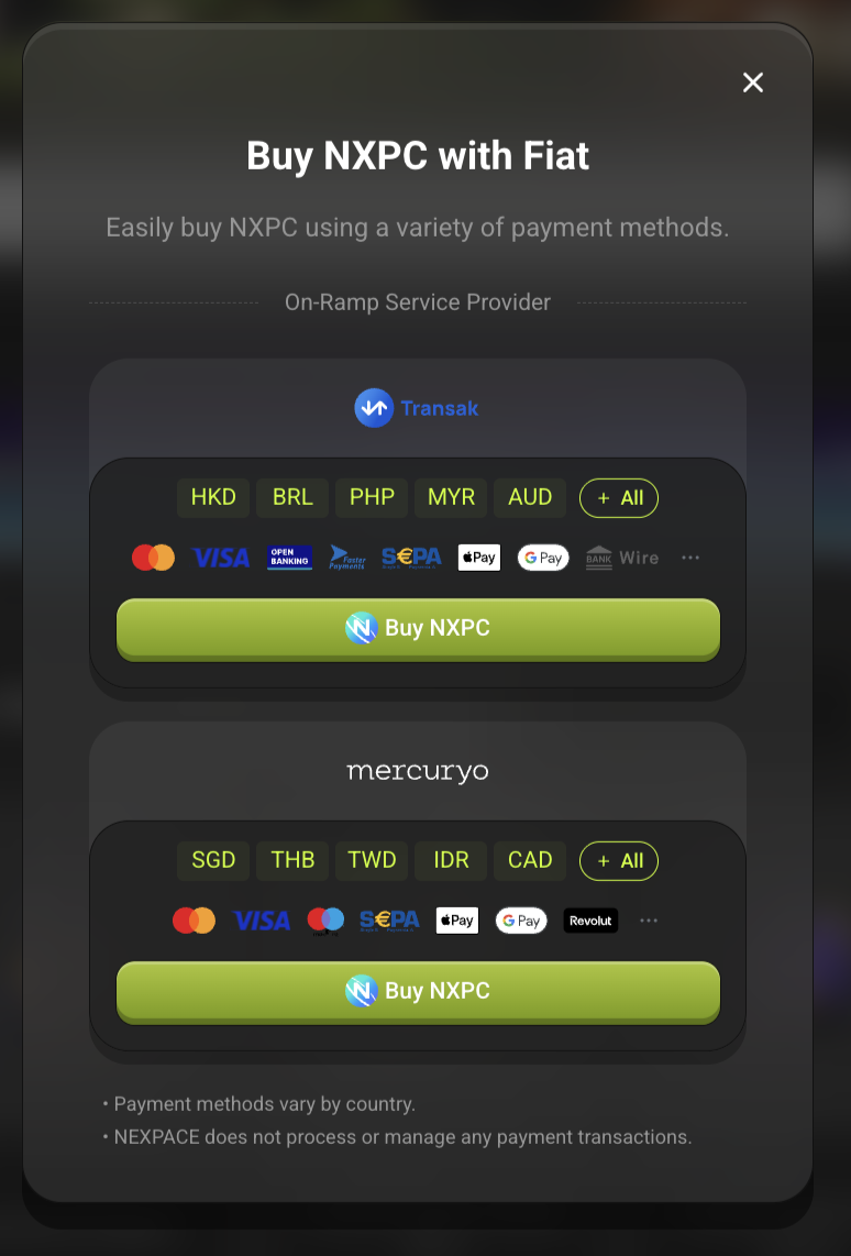 Buy NXPC with Fiat — Transak / mercuryo