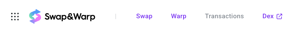 Swap&Warp ヘッダー — Swap / Warp / Transactions / Dex タブ
